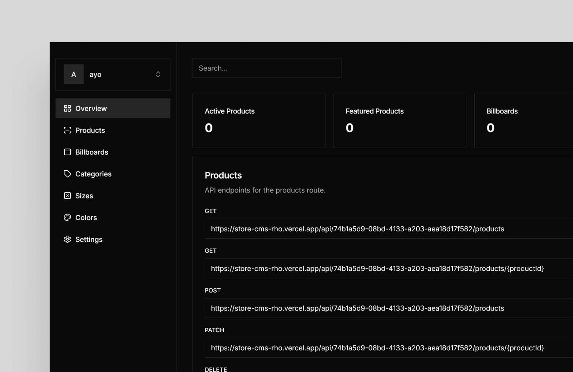 Screenshot of Store CMS - A Headless Content Management System designed for managing online stores.